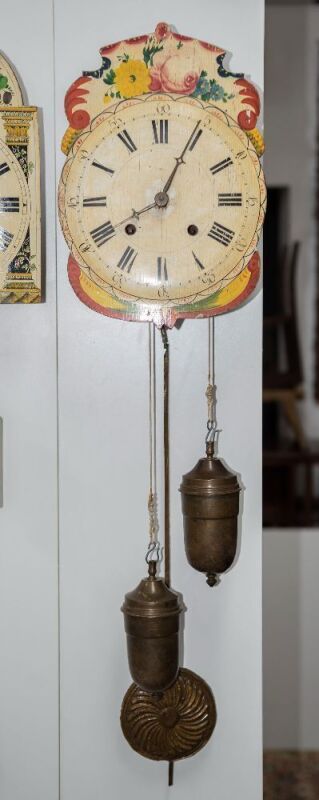 Antique Continental wood framed weight driven wall mount dial clock, early 19th century, ​​​​​​​37cm high