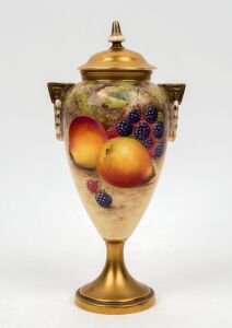 ROYAL WORCESTER English porcelain lidded urn, with hand-painted fruit decoration, signed "H. AYRTON", mid 20th century, black factory mark to base, 25.5cm wide