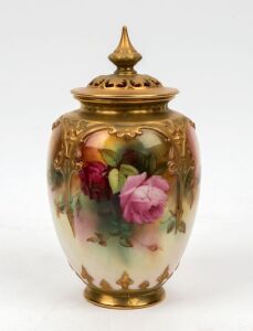 ROYAL WORCESTER English porcelain lidded vase with hand-painted rose decoration, signed "TWIN", early 20th century, puce factory mark to base, 18.5cm high