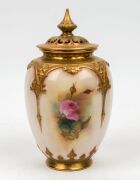 ROYAL WORCESTER English porcelain lidded vase with hand-painted rose decoration, signed "TWIN", early 20th century, puce factory mark to base, 18.5cm high - 2