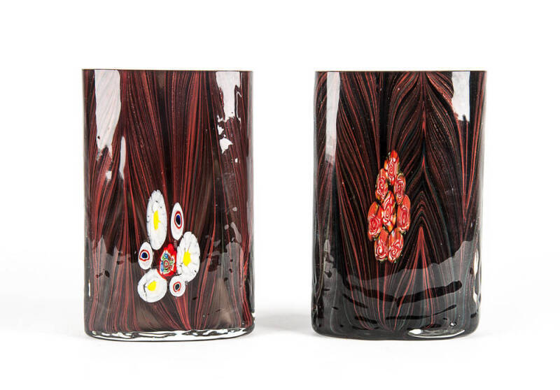 Pair of art glass mantle vases with candy cane inclusions. Late 20th century.