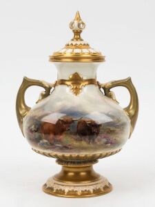 ROYAL WORCESTER antique English porcelain lidded urn decorated with hand-painted scene of highland cattle in landscape, signed "H. STINTON", circa 1919, puce factory mark to base, 22cm high