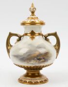 ROYAL WORCESTER antique English porcelain lidded urn decorated with hand-painted scene of highland cattle in landscape, signed "H. STINTON", circa 1919, puce factory mark to base, 22cm high - 2