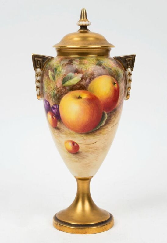 ROYAL WORCESTER English porcelain lidded urn with hand-painted fruit, signed "H. AYRTON", mid 20th century, black factory mark to base, 27cm high