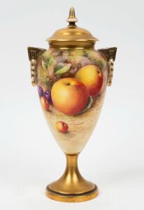 ROYAL WORCESTER English porcelain lidded urn with hand-painted fruit, signed "H. AYRTON", mid 20th century, black factory mark to base, 27cm high