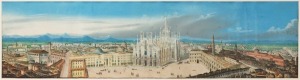 ARTIST UNKNOWN, Panorama of Milan, early 19th Century, hand-coloured steel engraving, 23 x 88cm. Stamped verso "G.B. CACCIANIGA / FOTOGRAFIE STAMPE / MILANO, Piazza del Duomo".