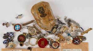 Studs, buttons, cufflinks, badges, pins etc, silver, gold and gold plate, plus a school paperweight rock, 19th and 20th century, (qty)