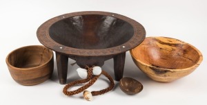 A Fijian kava bowl, coconut cup, two wooden bowls and a ceremonial stick (5 items), carved bowl 48cm diameter