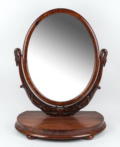 An antique English mahogany toilet mirror with swan neck supports, circa 1845, ​​​​​​​81cm high,68cm wide, 39cm deep