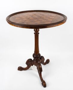 An antique Irish walnut games-top occasional table with floral marquetry decoration, circa 1870, ​​​​​​​72cm high, 59cm diameter