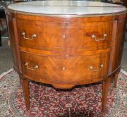 A pair of antique French demi-lune commodes, mahogany with brass string inlay and marble tops, late 18th century, ​​​​​​​99cm high, 119cm wide, 61cm deep - 5