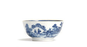 18th century English blue & white Chinese patterned bowl, possibly Worcester. Height 6.5cm, diameter 14cm