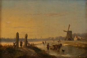 School of JAN JACOB COENRAAD SPOHLER (1837-1894), (ice skating on a river), oil on wood panel, signed lower right (illegible), 11 x 15.5cm, 32 x 36cm overall