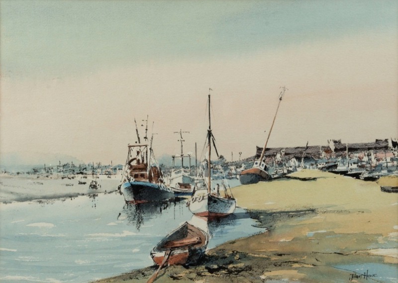 JOHN HOWE, (fishing boats), watercolour and ink, signed lower right "John Howe", ​​​​​​​24 x 34cm, 44 x 51cm overall