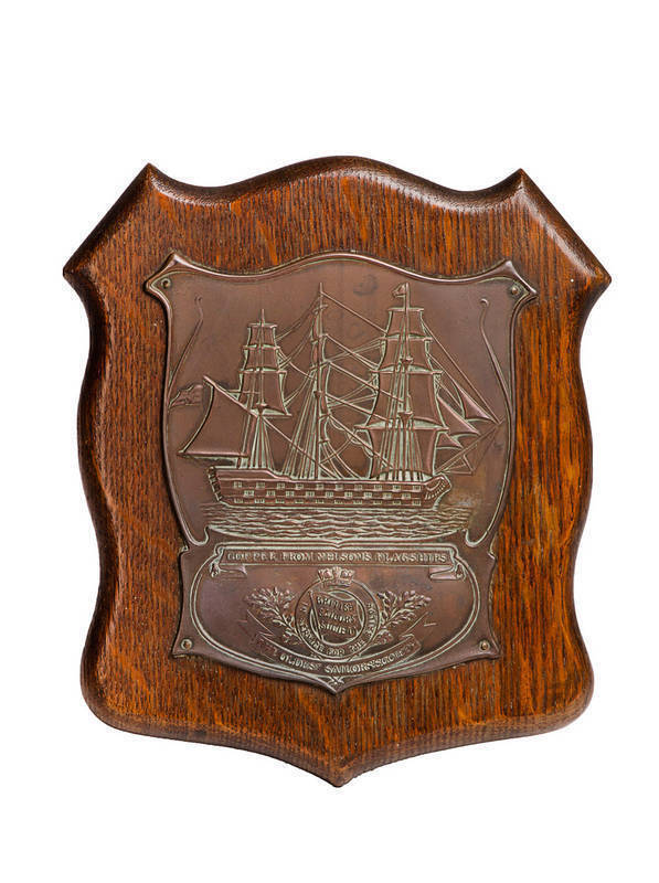 NELSON PLAQUE: "Copper From Nelson's Flagship" mounted on oak. These plaques were released in 1905 to commemorate the Battle of Trafalgar & Nelson's flagship the Victory (from which this plaque was made). Height 23cm, width 20cm