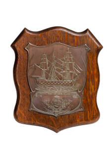 NELSON PLAQUE: "Copper From Nelson's Flagship" mounted on oak. These plaques were released in 1905 to commemorate the Battle of Trafalgar & Nelson's flagship the Victory (from which this plaque was made). Height 23cm, width 20cm