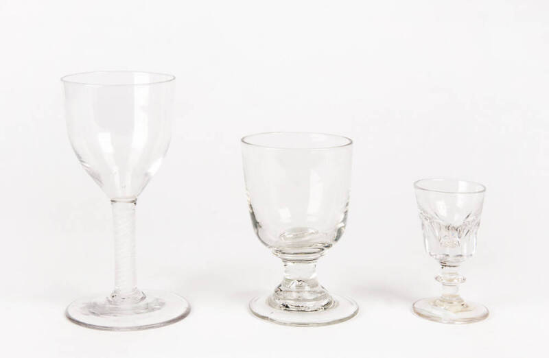 GEORGIAN WINE GLASSES: Group of 3 including a fine air twist stem wine glass with bell shaped bowl; faceted sherry glass c1830s & an early 19th century soda glass rummer.