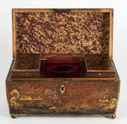 Georgian Chinoiserie tea caddy with ruby glass bowl. Height 17.5cm, width 31cm, 15cm