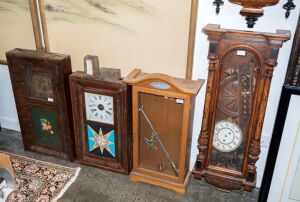 Four assorted clocks, Ansonia American ogee weight driven, Viennese and electric home-made, restorers delight, 19th and 20th, the largest 130cm high