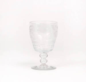 WINE GLASS: English mid 19th century with etched fox hunting scene. Height 14.5cm