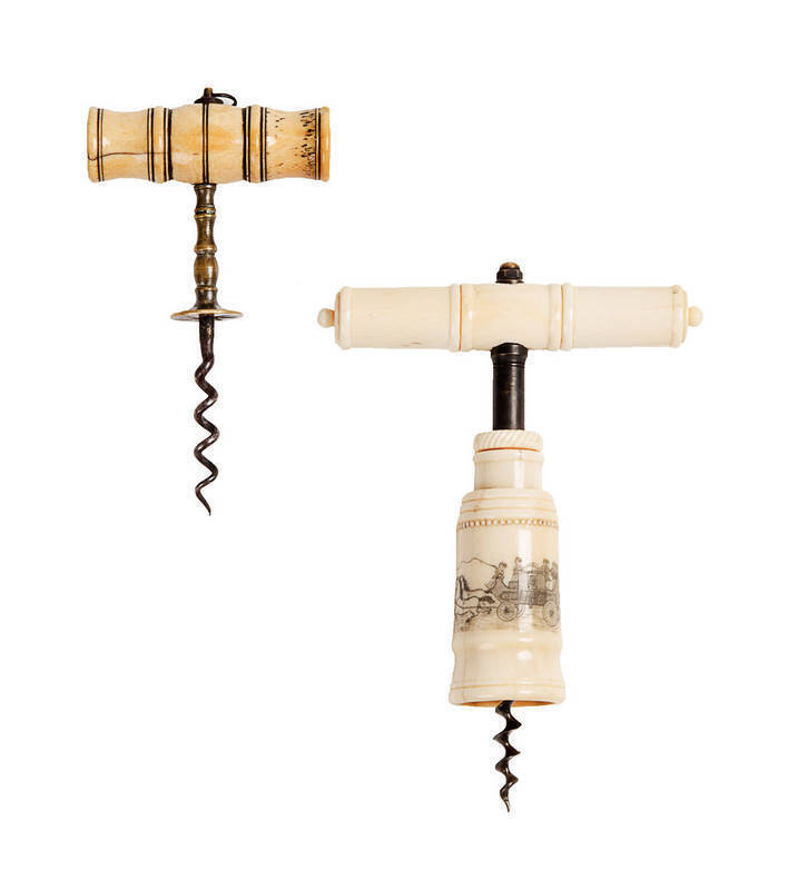 Two marine ivory corkscrews, one with scrimshaw coaching scene. 18cm & 14cm