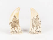 SCRIMSHAW: A pair of whales teeth each decorated with a military figure on horseback. 16cm each
