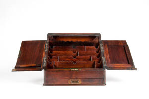 COMPENDIUM: English walnut sloped front compendium writing box, c1880s. Also includes a silver pen and fountain pen. Width 41cm, height 34cm, depth 27cm
