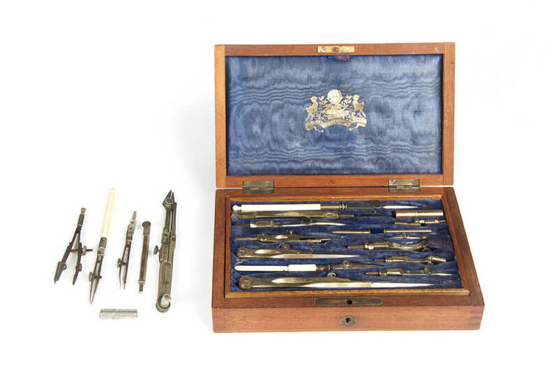 Two antique drawing sets. One in mahogany box, the other housed in leather case. Late 19th & early 20th century.