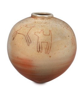 ANNE MERLER studio pottery vase with dog decoration,  monogram near base, ​​​​​​​17cm high 