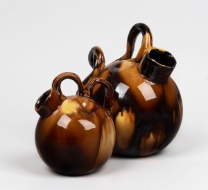 KOALA POTTERY (Sydney), two brown glazed pottery jugs, incised "Koala", 18cm and 13cm high