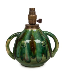 CHARLES DREW green glazed pottery table lamp with original fitting, rare. incised "Charles Drew", 22cm high overall