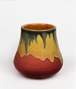 P.P.P. (PREMIER POTTERY PRESTON) pink and yellow glazed vase with tan interior and black highlights, ​​​​​​​10cm high