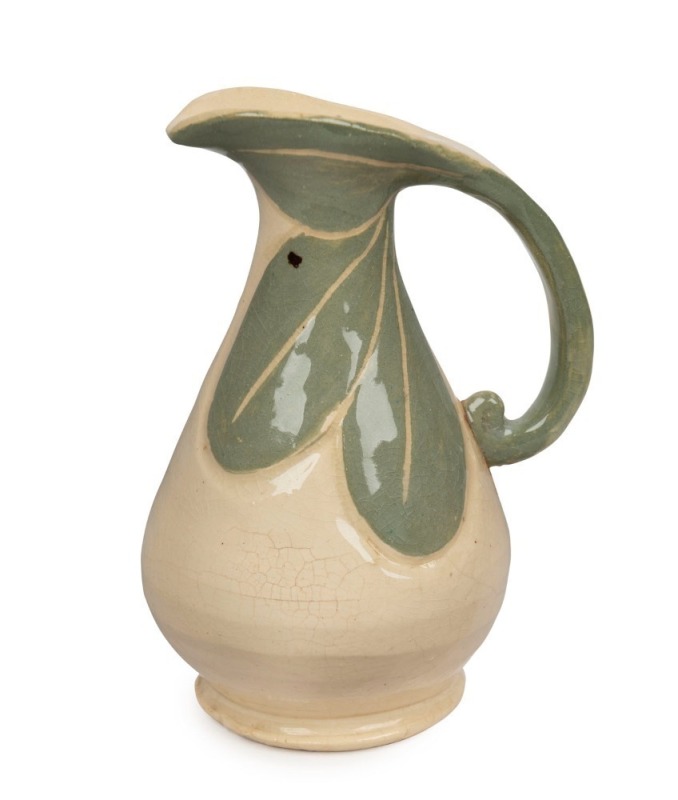 MARGUERITE MAHOOD pottery jug with leaf decoration, ​​​​​​​incised "M. Mahood", 14cm high