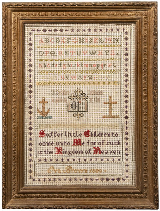 SAMPLER: By Eva Brown c1889 in period gilt frames. 37cm x 50cm overall