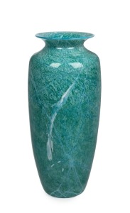 RICHARD MORRELL Australian green and blue veined art glass vase, incised "Morrell", with original label "Glass By Morrell", ​​​​​​​37cm high