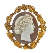 LAMBORN & WAGNER of Melbourne (attributed), impressive antique shell cameo brooch set in fine yellow gold mount fashioned as tendrils and leaves with emu and kangaroo, 19th century, mourning window to reverse, ​​​​​​​6cm high