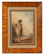 GEORGE FRENCH ANGAS (1822-1886), (Maori mother and child), watercolour, in original period New Zealand timber frame with hand-drawn card mount, inscribed verso "George French Angas, South Australia Banks Island Natives", 24.5 x 16.5cm, 39.5 x 31cm overall