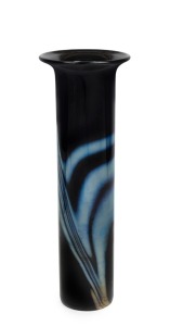 RICHARD MORRELL Australian black and iridescent cylindrical art glass vase, engraved "Morrell", 35cm high