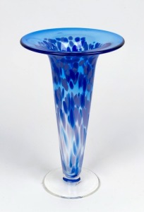 Blue speckled Australian art glass trumpet vase, engraved signature (illegible), dated '95, ​​​​​​​24cm high