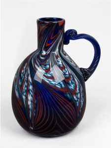 GERRY REILLY blue swirling Australian art glass jug, signed "G. Reilly, 1991, W. Aust.", 22cm high