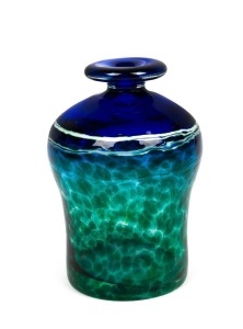 PETER GOSS Australian green and blue art glass vase with white trailing design,  engraved "Peter Goss 84", 11.5cm high