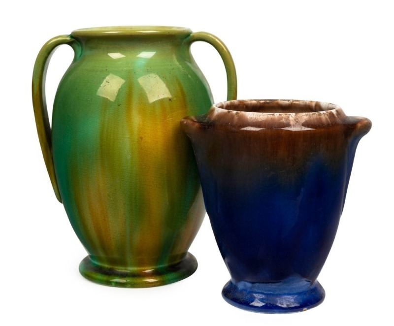 McHUGH green glazed pottery vase, together with a NEWTONE blue and brown glazed pottery vase, (2 items), 18.5cm and 13cm high