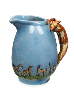 PAT PHILLIPS pottery fox hunting jug,  incised "Pat Phillips",  ​​​​​​​21cm high 
