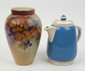 BAKEWELL POTTERY coffee pot glazed in blue and cream, together with a MARJORIE AMESS hand-painted bramble vase, (2 items), 20cm and 24cm high