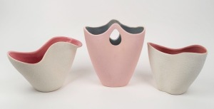 M.C.P. group of three two tone pottery vases in pink, gray and cream, ​​​​​​​the largest 23cm high