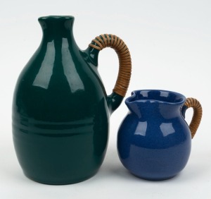 ALLAN LOWE two pottery jugs with woven cane handles, incised "Allen Lowe", 19cm and 9.5cm high