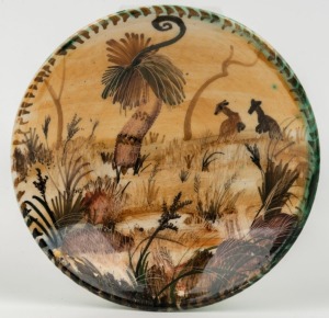 ARTHUR MERRIC BOYD and NEIL DOUGLAS pottery dish painted with kangaroos in landscape (A/F), signed "Neil Douglas, Australia", ​​​​​​​11.5cm diameter