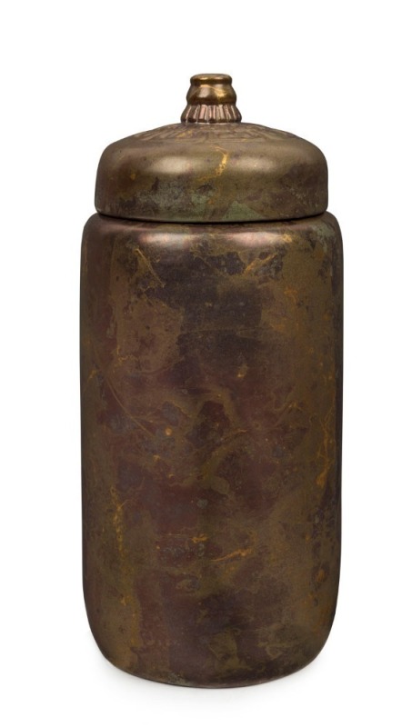 KLYTIE PATE tall pottery vase with lid, glazed in bronze with gold highlights, incised "Klytie Pate, 1988", ​​​​​​​29cm high