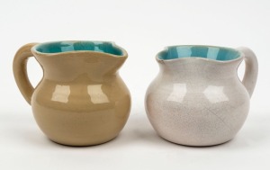 ALLAN LOWE, two pottery milk jugs with blue glazed interiors, incised "Allan Lowe", the larger 8cm high, 12cm wide