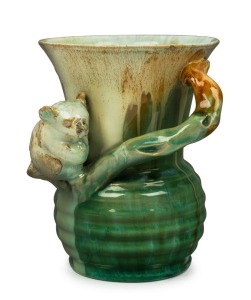 REMUED green glazed pottery vase with applied koala and branch handle, incised "Remued 314/5B", bearing original foil label, 13cm high